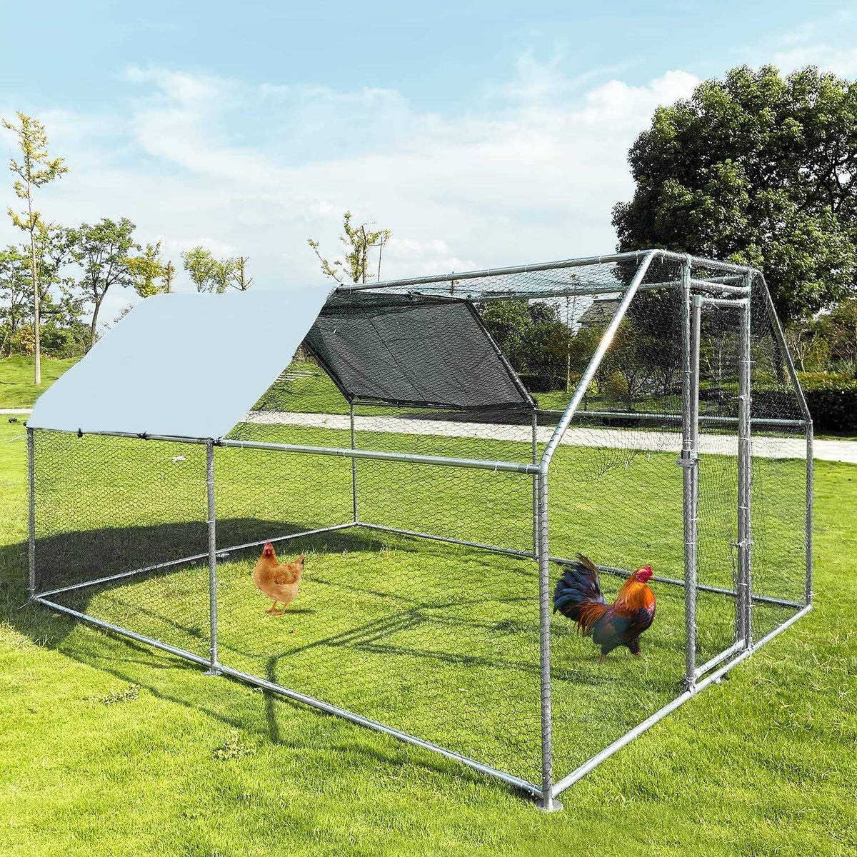 Large Metal Chicken Coop Walk-in Poultry Cage with Waterproof Cover U55206