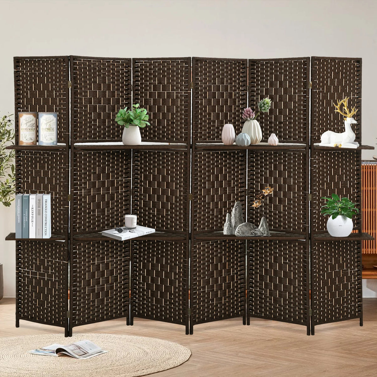 6 Panel Wood Folding Privacy Screen with Storage Shelves, Brown B63005