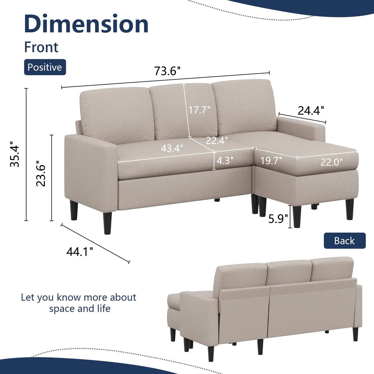Convertible Sectional Sofa L-Shaped 3-Seat Couch with Reversible Chaise S57058