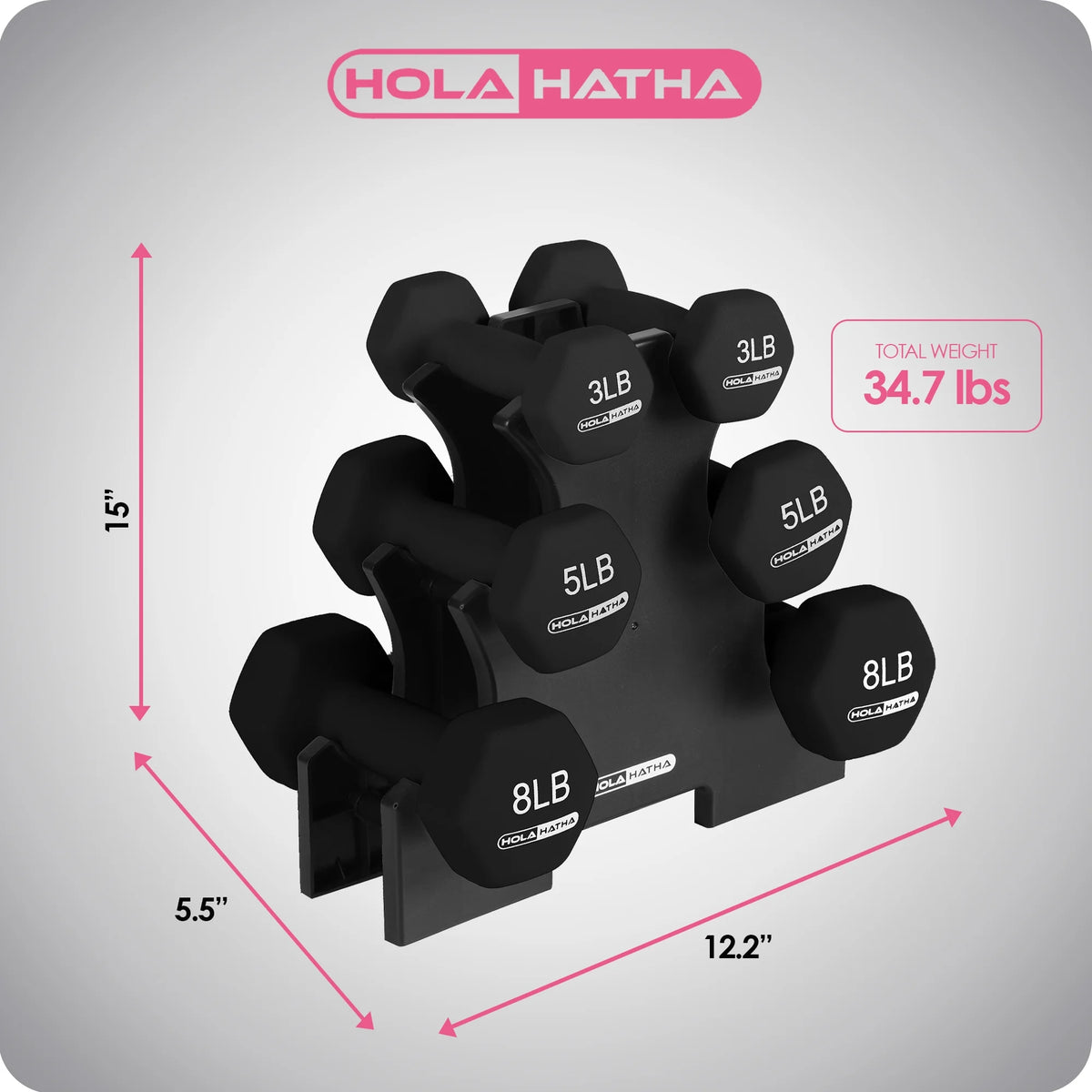 3, 5, and 8 Pound Dumbbell Hand Weight Set with Storage Rack, Black N30019