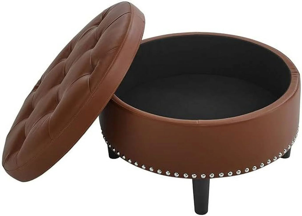 Brown Round Faux Leather Storage Ottoman L1460