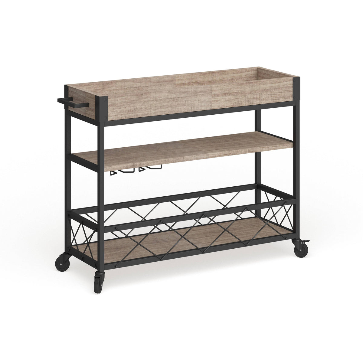 Aged Oak Wood Kitchen Bar Cart with Stemware Rack Y4665