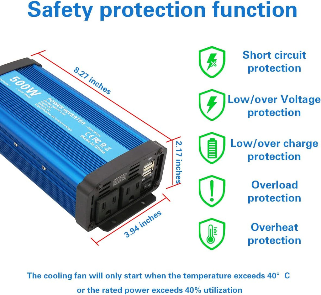 500W Pure Sine Wave Power Inverter DC 12V to 110V AC with 2.4A USB Car Charger Adapter E478