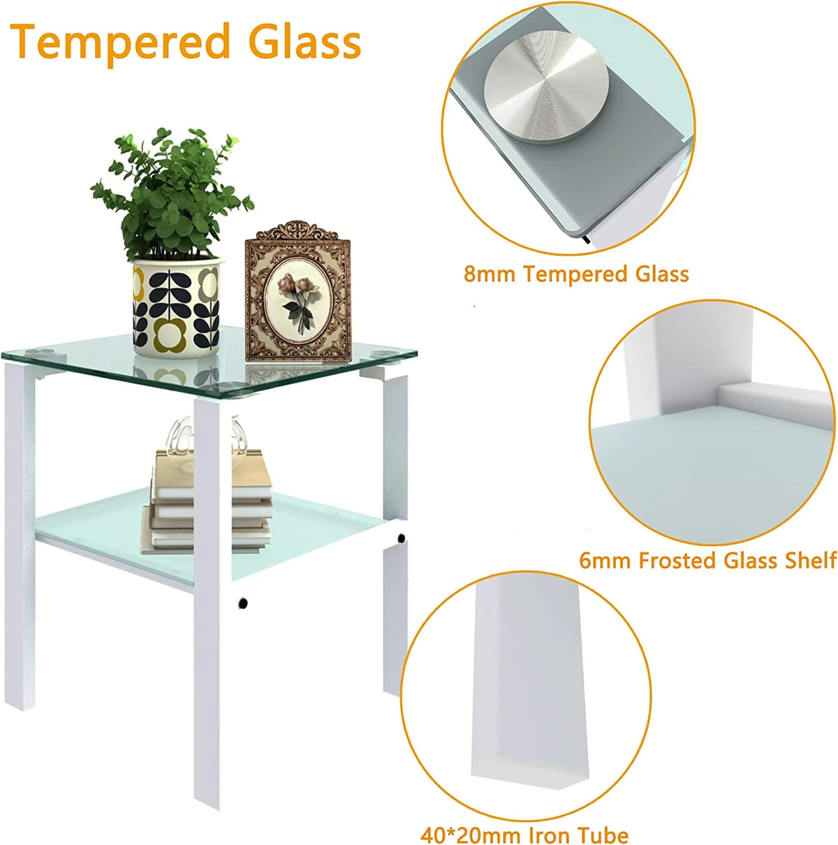 Glass End Table, 2 Layer White Small Corner Table S1043