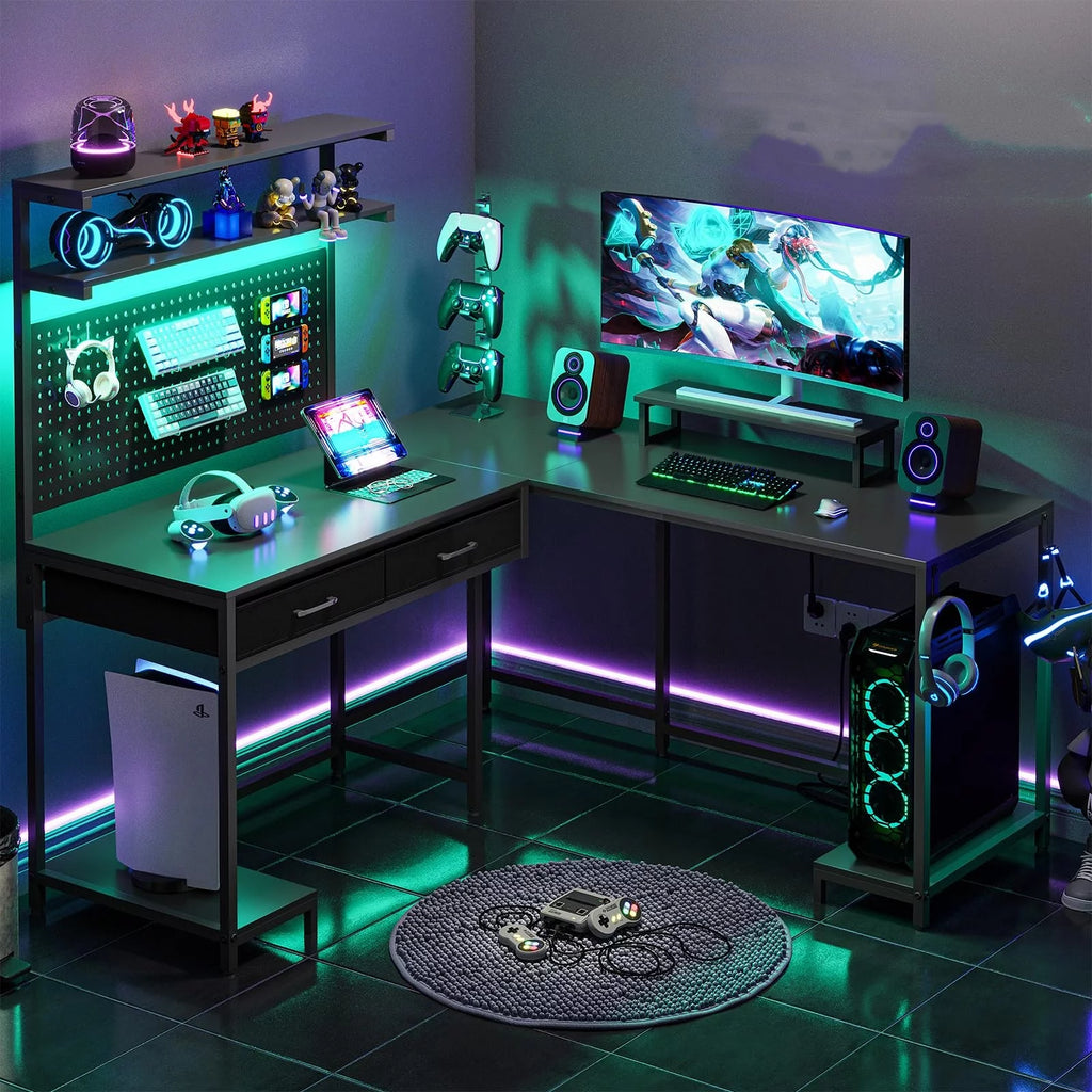 L Shaped Gaming Desk with LED Lights and Hutch Q609
