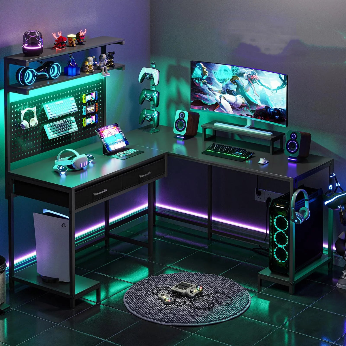 L Shaped Gaming Desk with LED Lights and Hutch Q609