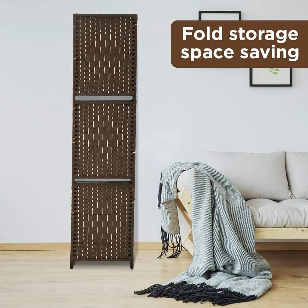 6 Panel Wood Folding Privacy Screen with Storage Shelves, Brown B63005