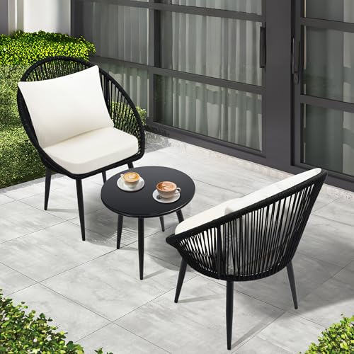 3 Piece Woven Rope Bistro Set with Cushions and Side Table G311991