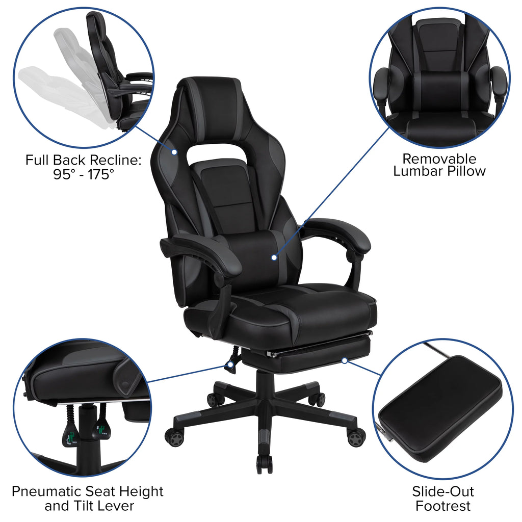 Black Gray Ergonomic Reclining Gaming Chair with Footrest S8769