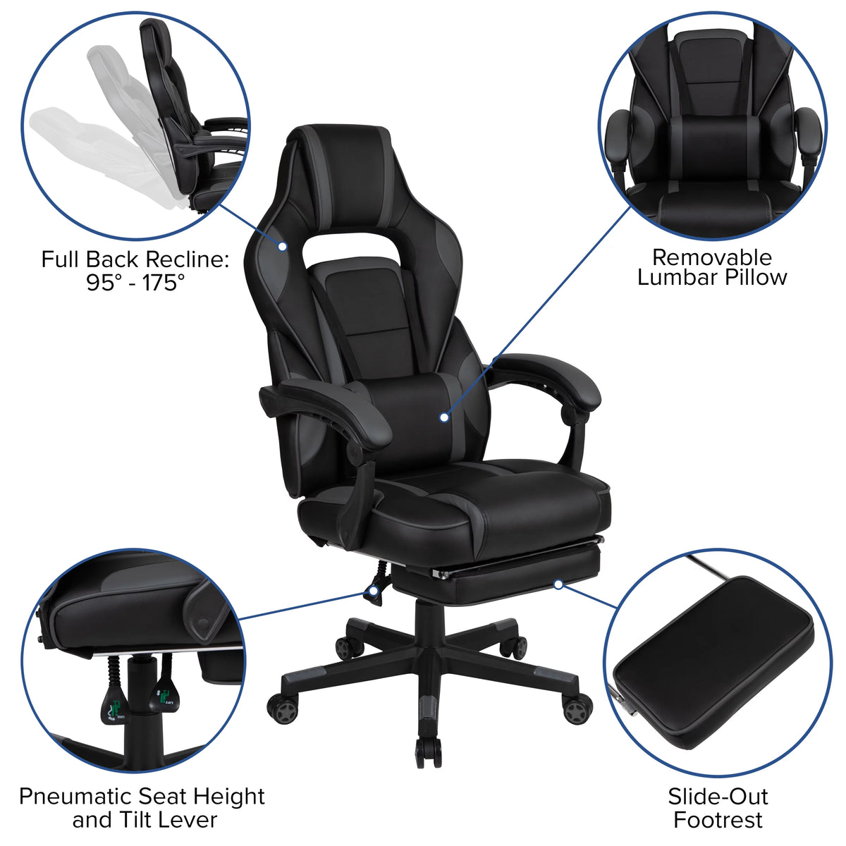 Black Gray Ergonomic Reclining Gaming Chair with Footrest S8769