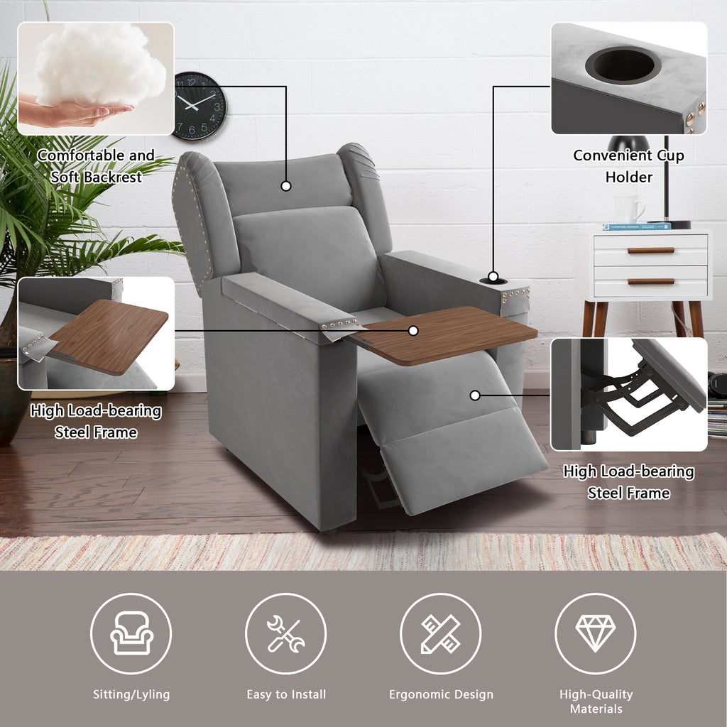 Gray Velvet Recliner Chair with Cup Holder and Table E920796