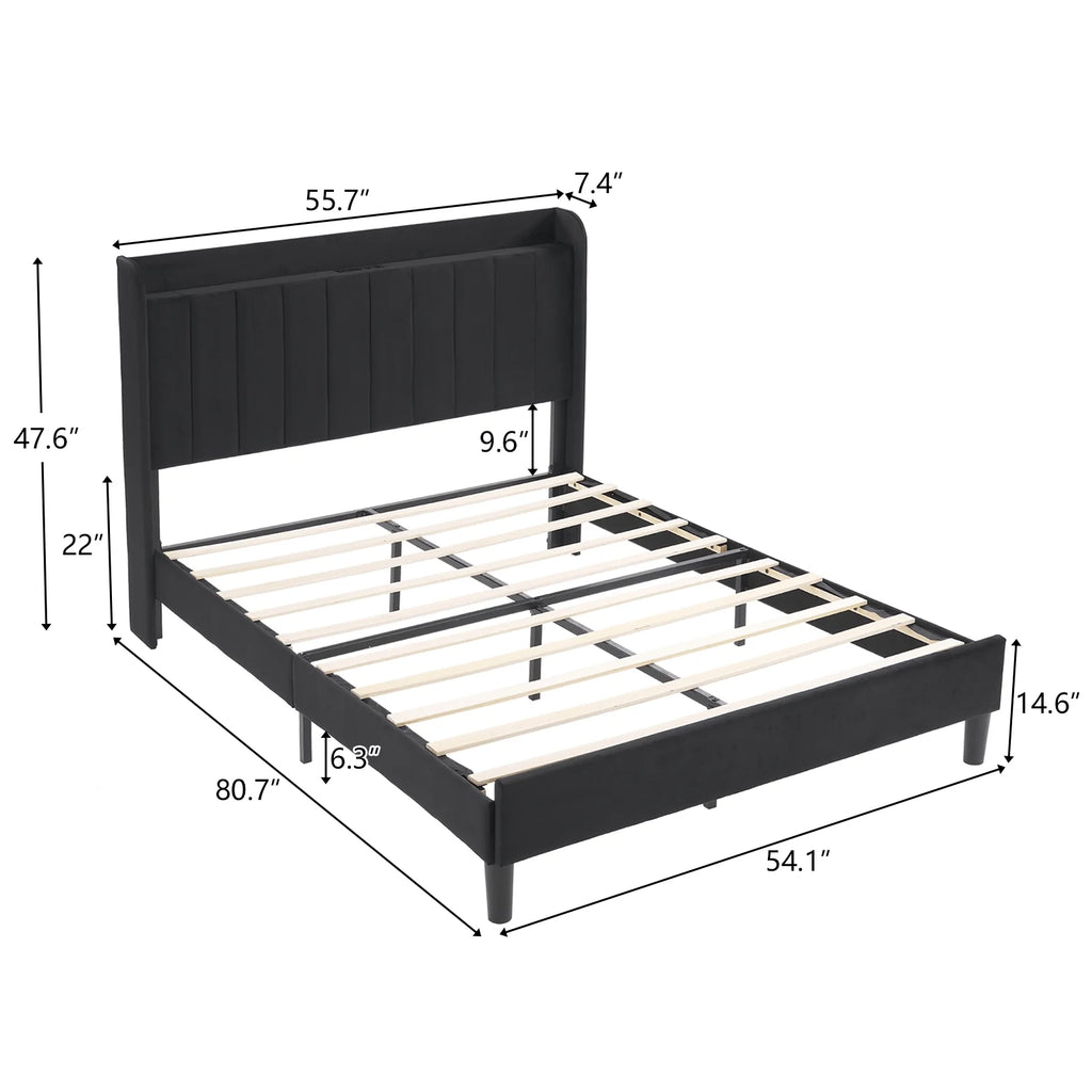 Queen Bed Frame with Charging Station and Upholstered Headboard B569