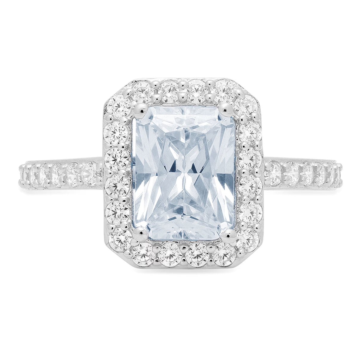 18k White Gold Emerald Cut Blue Aquamarine Halo Ring S21557