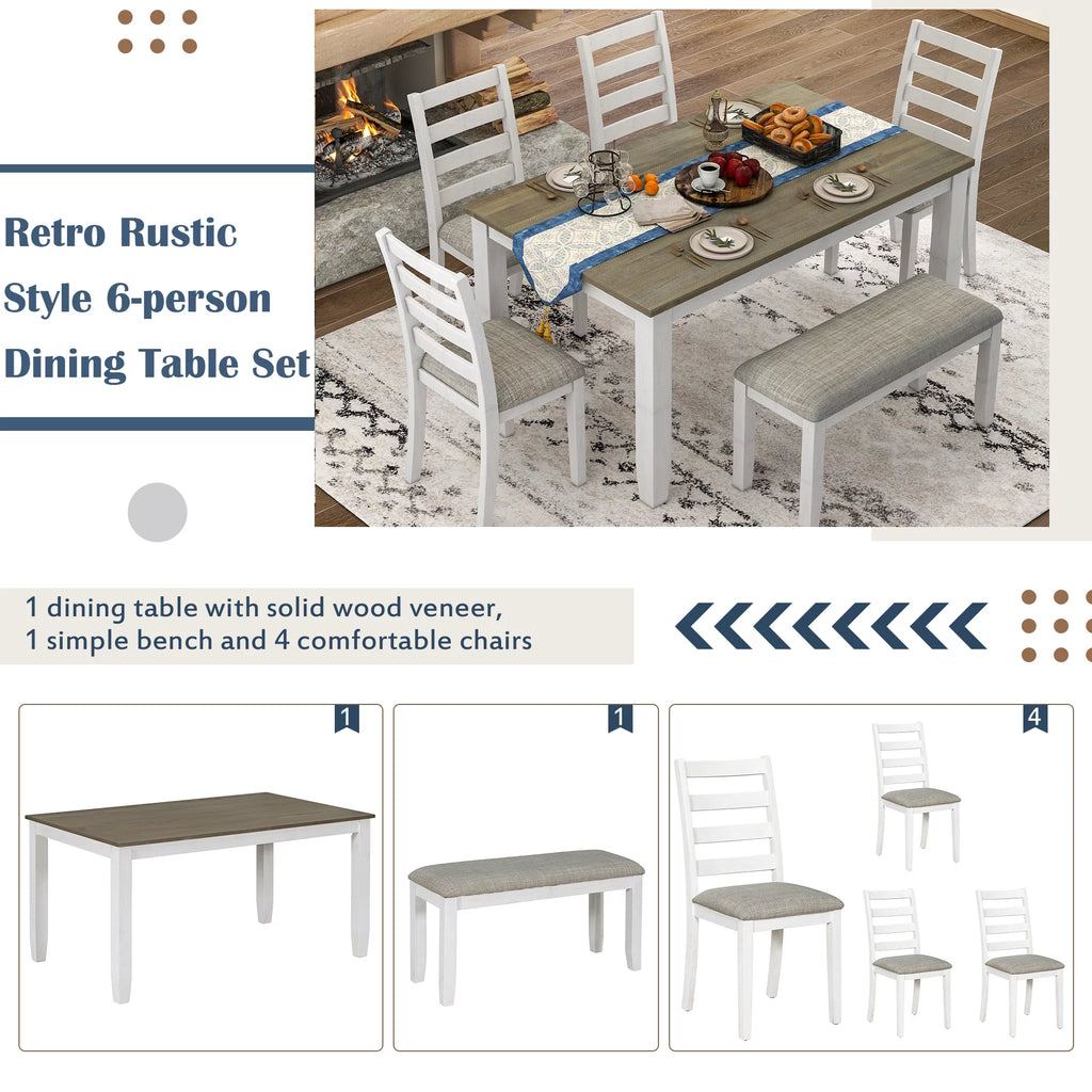 6 Pieces Wooden Dining Table Set with 4 Upholstered Chairs and Bench C989