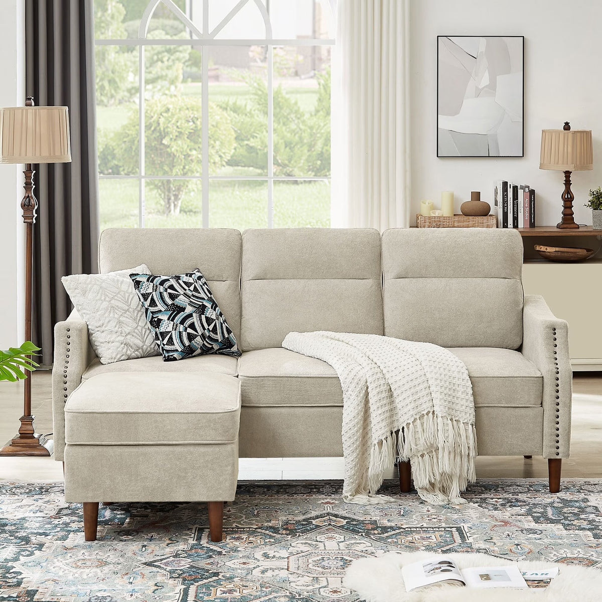 Beige L-Shaped Sectional Sofa Couch with Storage Bags R553