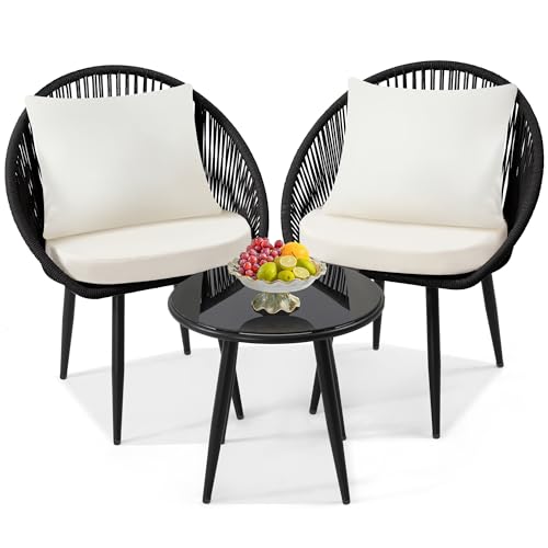 3 Piece Woven Rope Bistro Set with Cushions and Side Table G311991