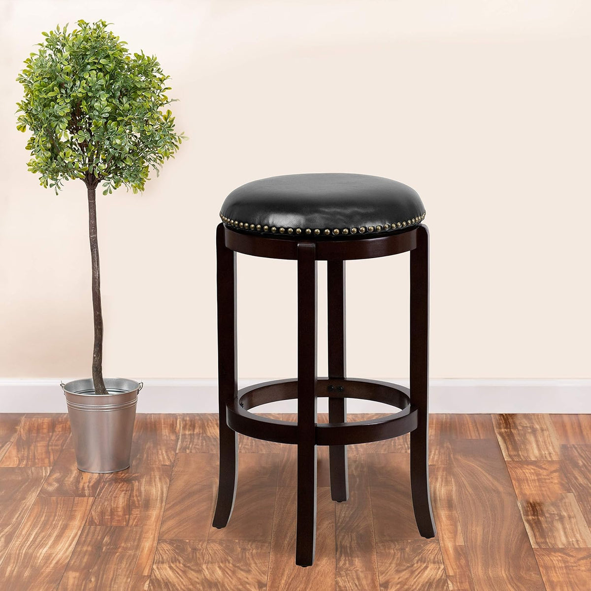 Cappuccino Wood Barstool with Black LeatherSoft Swivel Seat M191