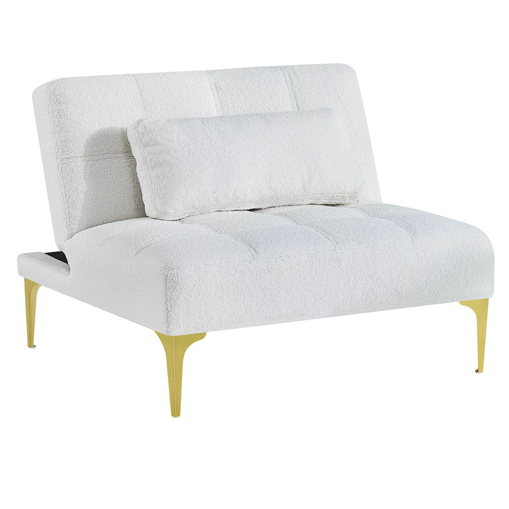 White Teddy Fabric Upholstered Futon Sofa with Pillow and Gold Metal Legs O855141
