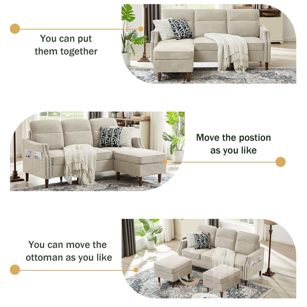 Beige L-Shaped Sectional Sofa Couch with Storage Bags R553
