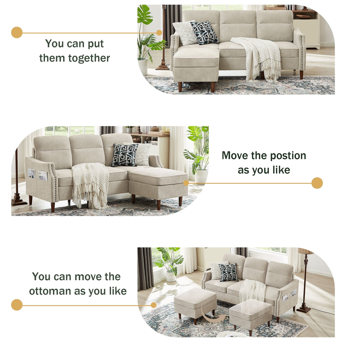 Beige L-Shaped Sectional Sofa Couch with Storage Bags R553