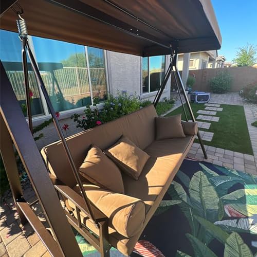 Outdoor Patio Porch Swing with Adjustable PVC Canopy, 3-seat Swing Chair Bench with Side Cup Holder, Cushions and Pillow Included, Grey E823