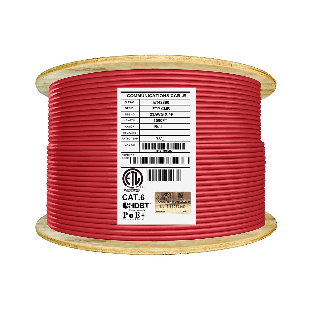 Cat6 Shielded Riser 1000ft F/UTP 23AWG Solid Bare Copper 550MHz Bulk Ethernet Cable Reel Orange I531