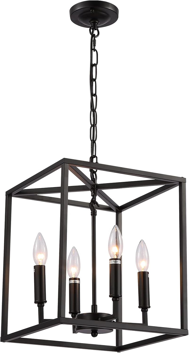 Matte Black 4-Light Metal Cage Pendant Light Chandelier N9523