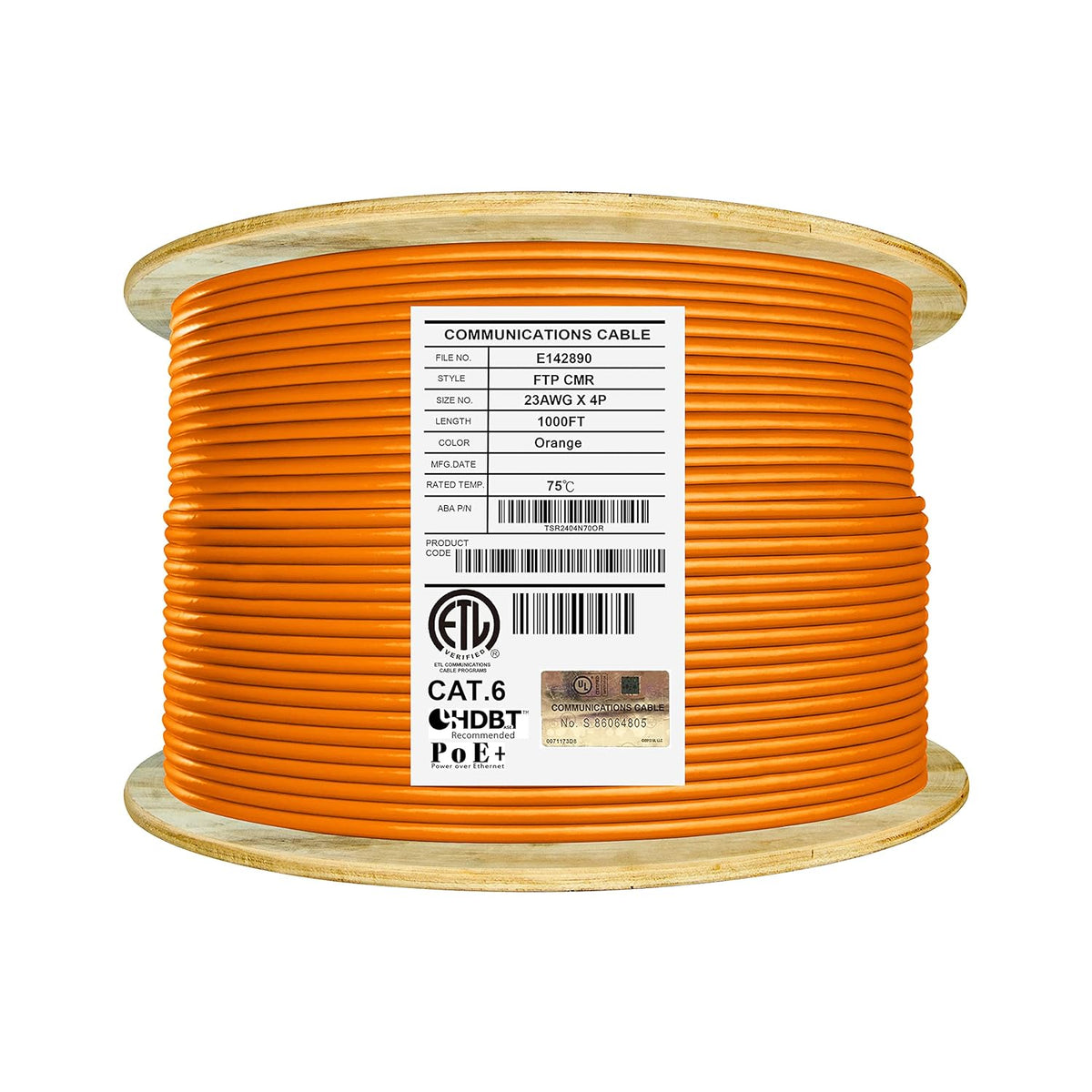 Cat6 Shielded Riser 1000ft F/UTP 23AWG Solid Bare Copper 550MHz Bulk Ethernet Cable Reel Orange I531