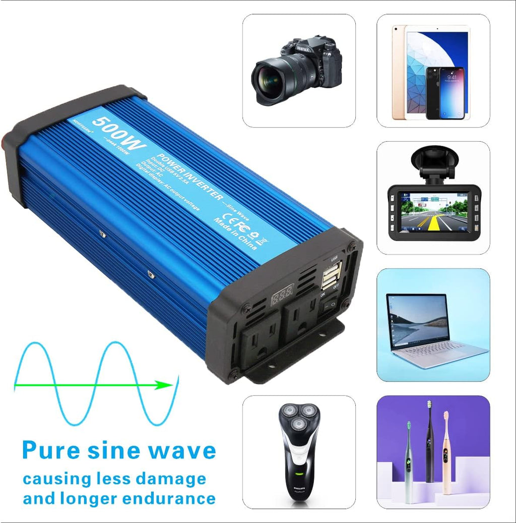 500W Pure Sine Wave Power Inverter DC 12V to 110V AC with 2.4A USB Car Charger Adapter E478